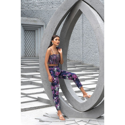 Chhavvi Aggarwal Women Floral Navy Blue Crop Top with Pant & Blazer (Set of 3)