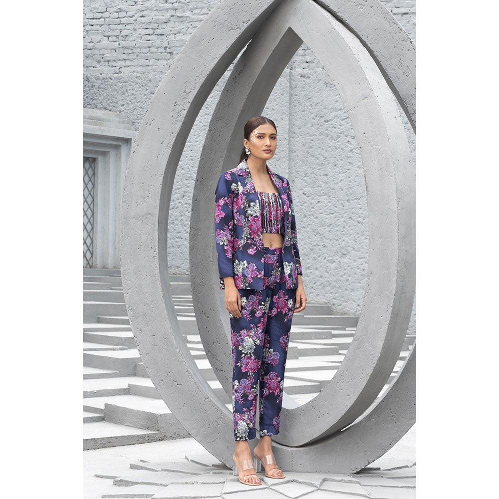 Chhavvi Aggarwal Women Floral Navy Blue Crop Top with Pant & Blazer (Set of 3)