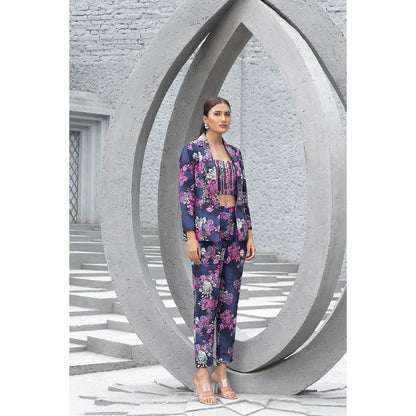Chhavvi Aggarwal Women Floral Navy Blue Crop Top with Pant & Blazer (Set of 3)