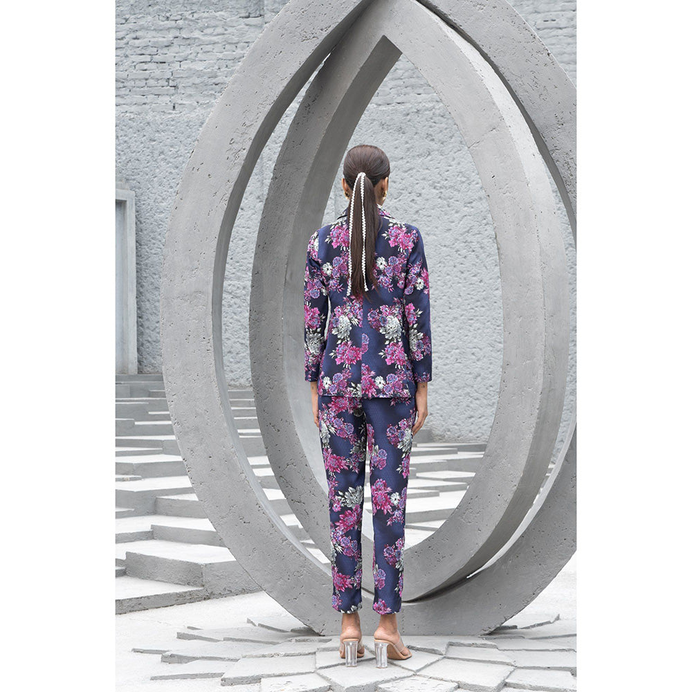 Chhavvi Aggarwal Women Floral Navy Blue Crop Top with Pant & Blazer (Set of 3)