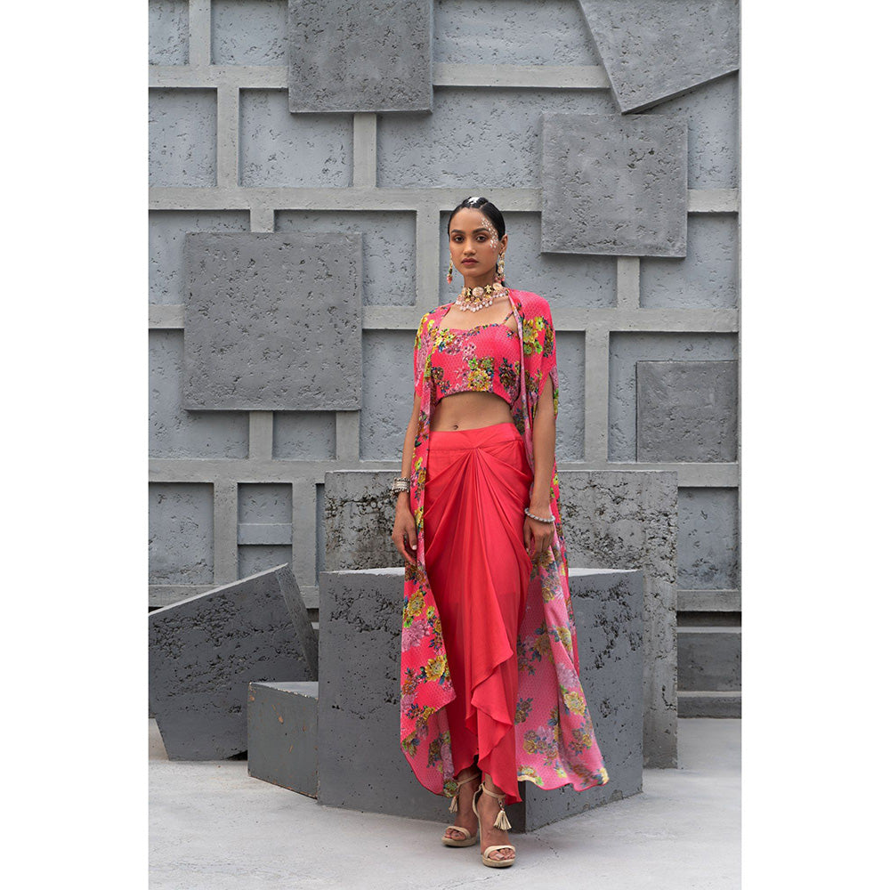 Chhavvi Aggarwal Women Floral Pink Crop Top with Skirt & Cape (Set of 3)