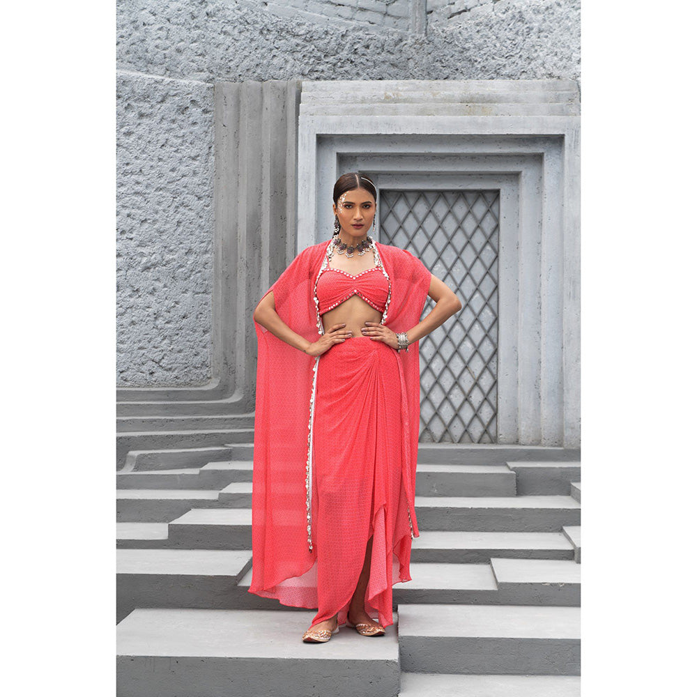 Chhavvi Aggarwal Women Printed Red Crop Top with Skirt & Cape (Set of 3)