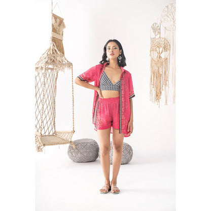 Chhavvi Aggarwal Women Printed Pink Bralette with Shirt & Shorts (Set of 3)