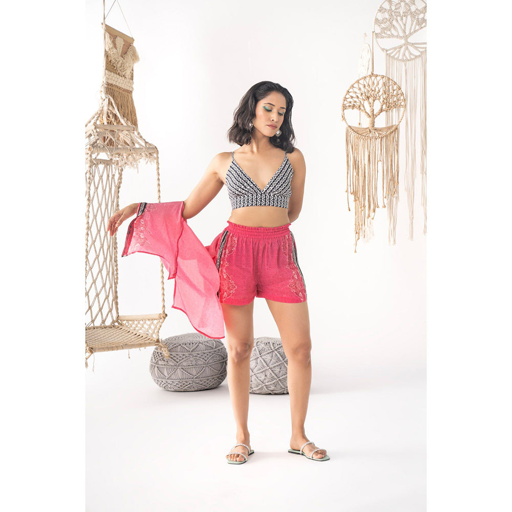 Chhavvi Aggarwal Women Printed Pink Bralette with Shirt & Shorts (Set of 3)