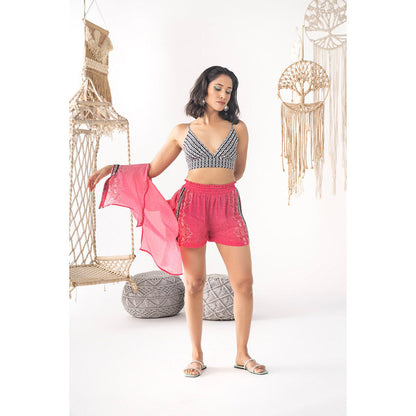 Chhavvi Aggarwal Women Printed Pink Bralette with Shirt & Shorts (Set of 3)