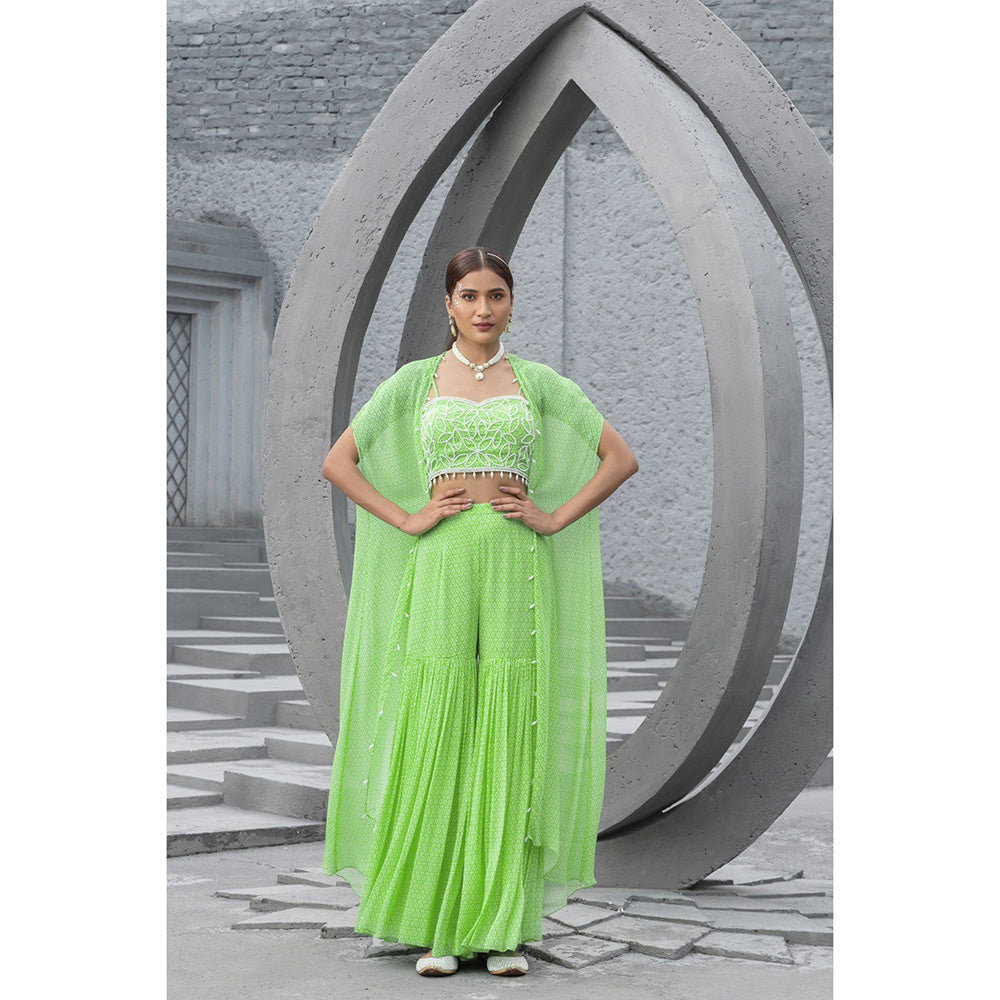 Chhavvi Aggarwal Women Printed Green Bralette with Sharara & Cape (Set of 3)