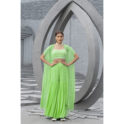 Chhavvi Aggarwal Women Printed Green Bralette with Sharara & Cape (Set of 3)