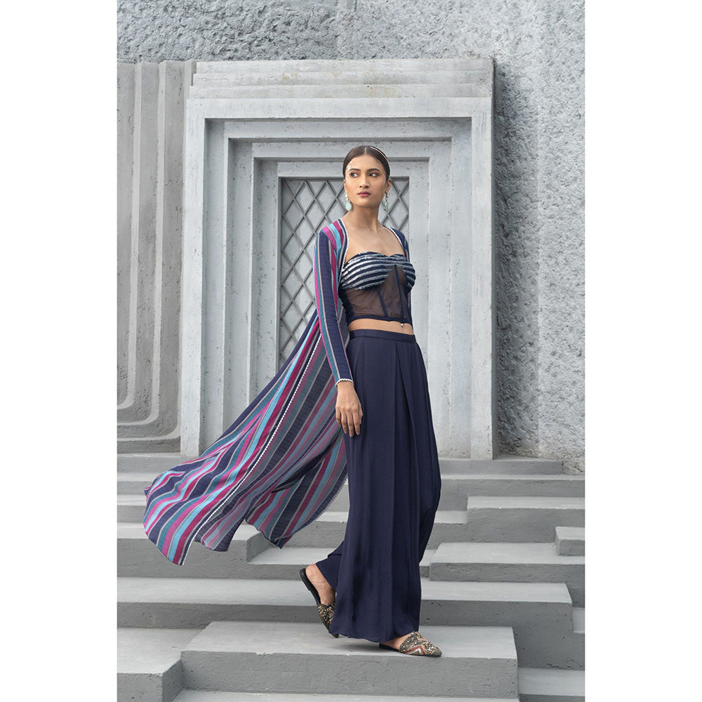 Chhavvi Aggarwal Women Embellished Navy Blue Bralette with Palazzo & Cape (Set of 3)