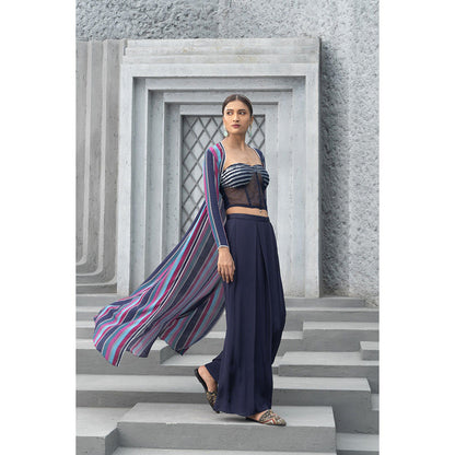 Chhavvi Aggarwal Women Embellished Navy Blue Bralette with Palazzo & Cape (Set of 3)