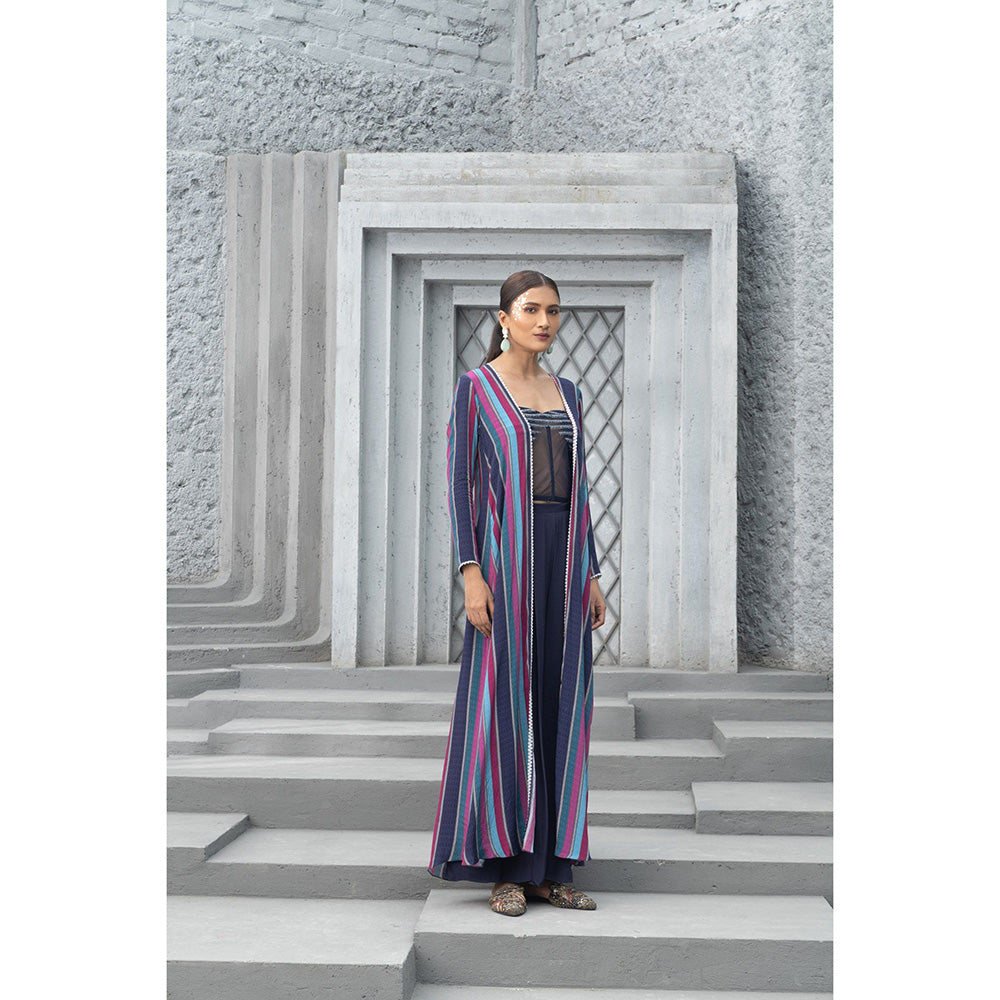 Chhavvi Aggarwal Women Embellished Navy Blue Bralette with Palazzo & Cape (Set of 3)