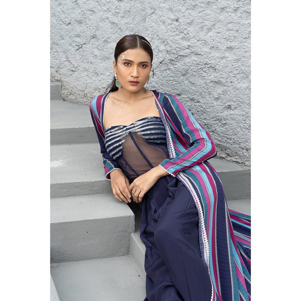 Chhavvi Aggarwal Women Embellished Navy Blue Bralette with Palazzo & Cape (Set of 3)