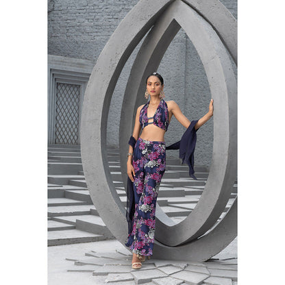 Chhavvi Aggarwal Women Floral Navy Blue Blouse with Pant & Stole (Set of 3)