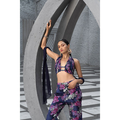 Chhavvi Aggarwal Women Floral Navy Blue Blouse with Pant & Stole (Set of 3)