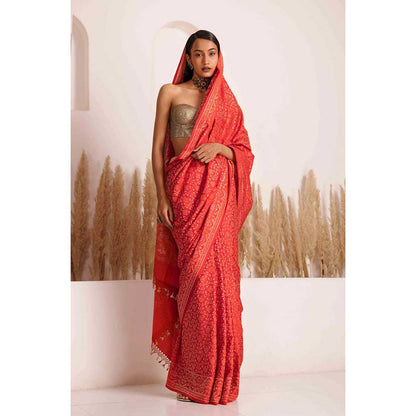 CHHAYA MEHROTRA Red Ishwari Saree with Stitched Blouse
