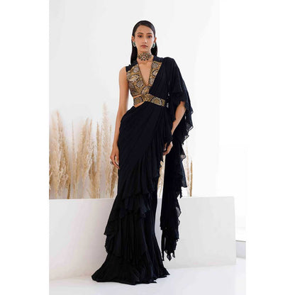 CHHAYA MEHROTRA Black Shahida Saree with Stitched Blouse