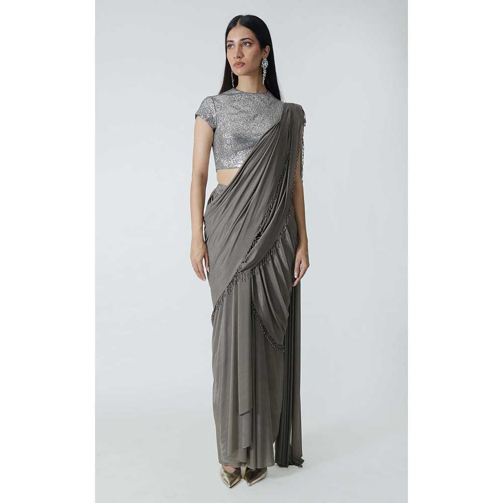 CHHAYA MEHROTRA Brown Selena Pre-Draped Saree with Stitched Blouse