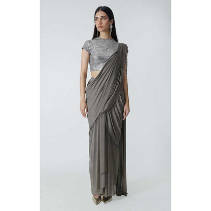CHHAYA MEHROTRA Brown Selena Pre-Draped Saree with Stitched Blouse