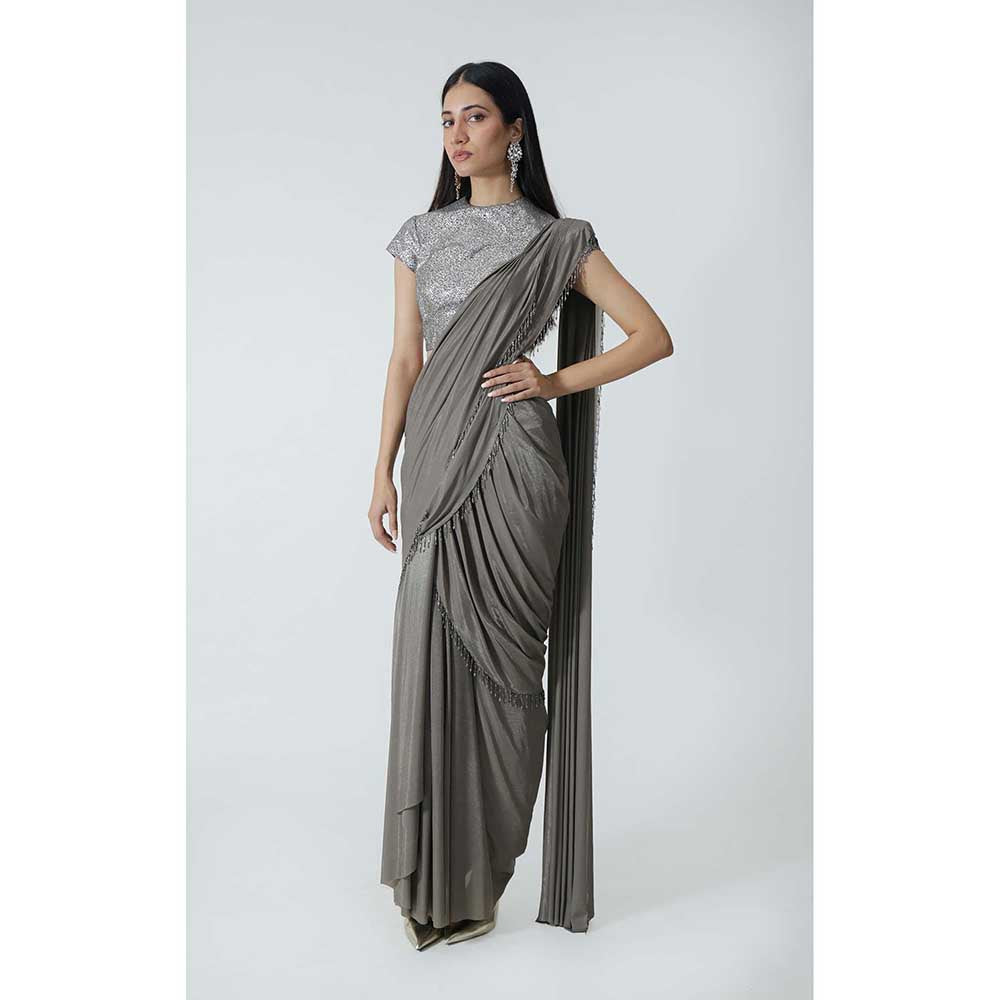 CHHAYA MEHROTRA Brown Selena Pre-Draped Saree with Stitched Blouse