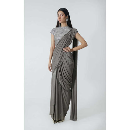 CHHAYA MEHROTRA Brown Selena Pre-Draped Saree with Stitched Blouse