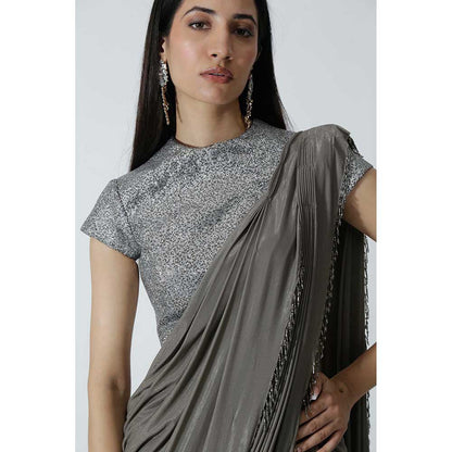 CHHAYA MEHROTRA Brown Selena Pre-Draped Saree with Stitched Blouse