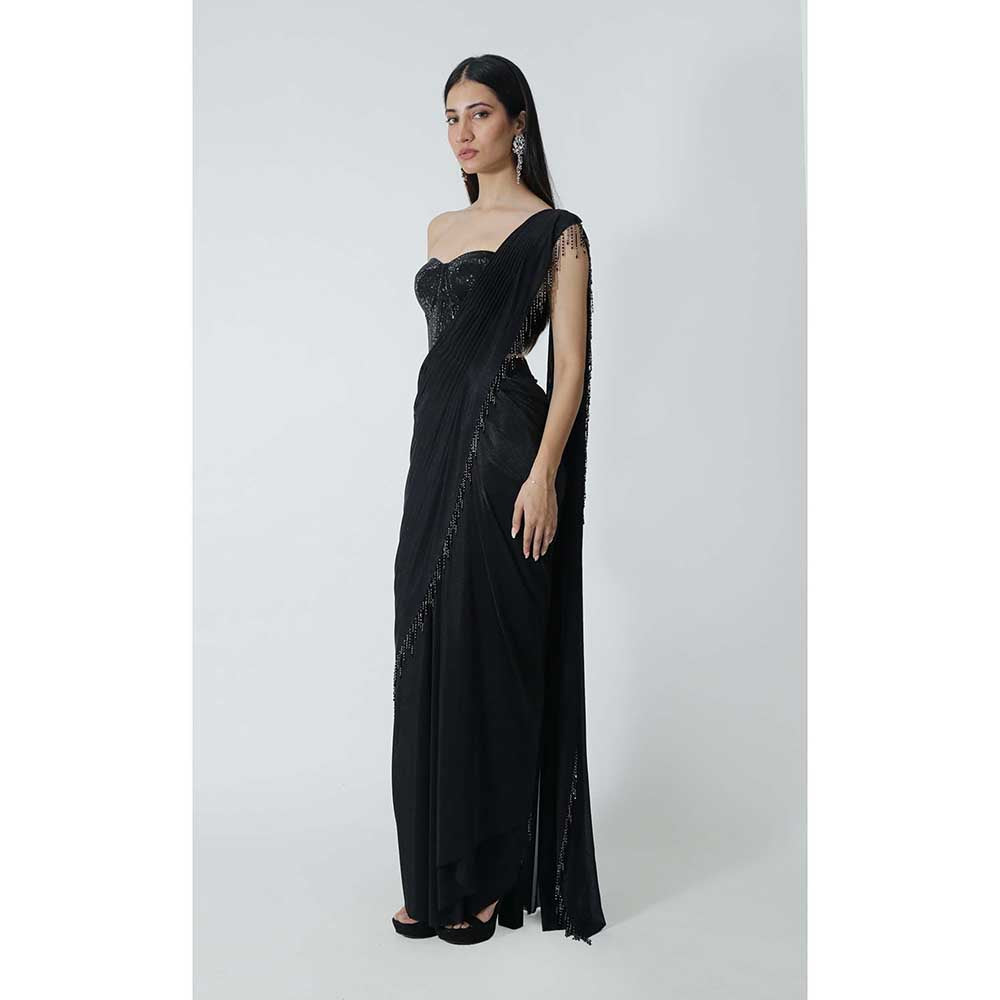 CHHAYA MEHROTRA Black Ayla Pre-Draped Saree with Stitched Blouse