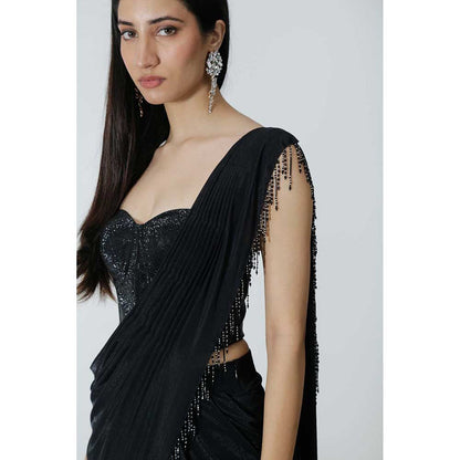 CHHAYA MEHROTRA Black Ayla Pre-Draped Saree with Stitched Blouse