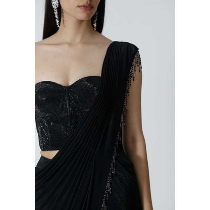 CHHAYA MEHROTRA Black Ayla Pre-Draped Saree with Stitched Blouse