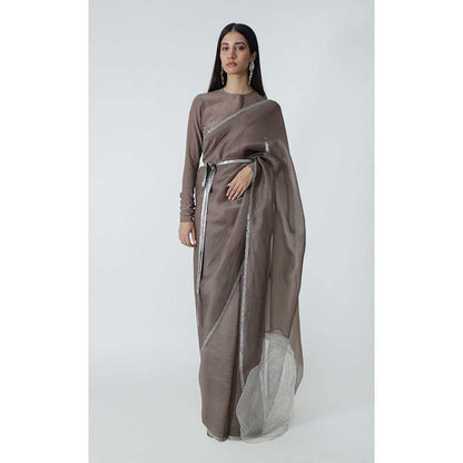 CHHAYA MEHROTRA Brown Celeste Saree with Stitched Blouse and Belt