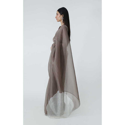 CHHAYA MEHROTRA Brown Celeste Saree with Stitched Blouse and Belt