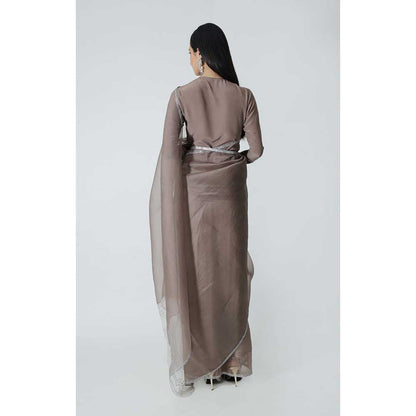 CHHAYA MEHROTRA Brown Celeste Saree with Stitched Blouse and Belt