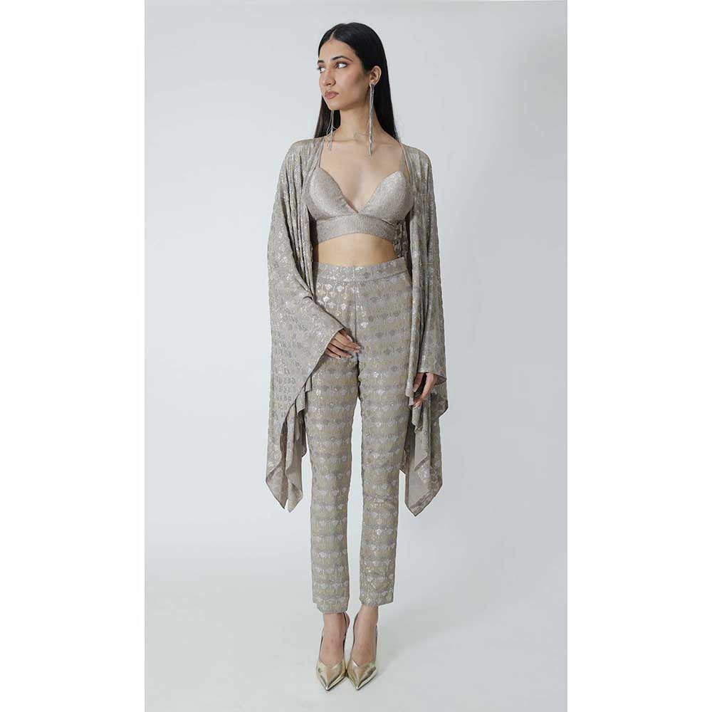 CHHAYA MEHROTRA Grey Felecia Cape with Bralette and Pant (Set of 3)