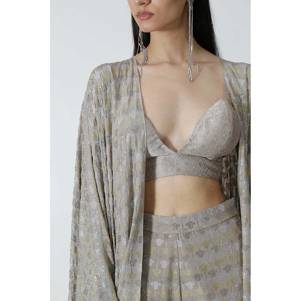 CHHAYA MEHROTRA Grey Felecia Cape with Bralette and Pant (Set of 3)