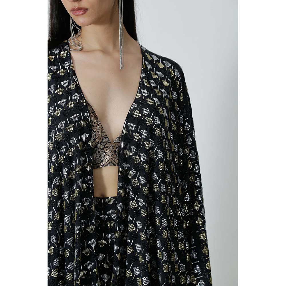 CHHAYA MEHROTRA Black Junia Cape with Bralette and Pant (Set of 3)