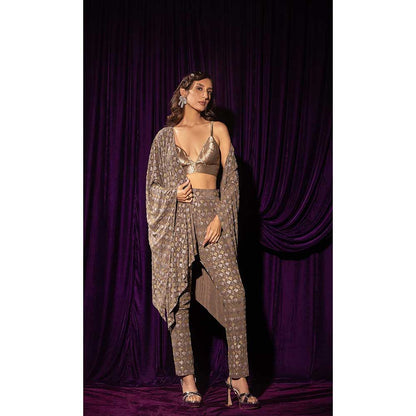 CHHAYA MEHROTRA Brown Thebe Cape with Bralette and Pant (Set of 3)