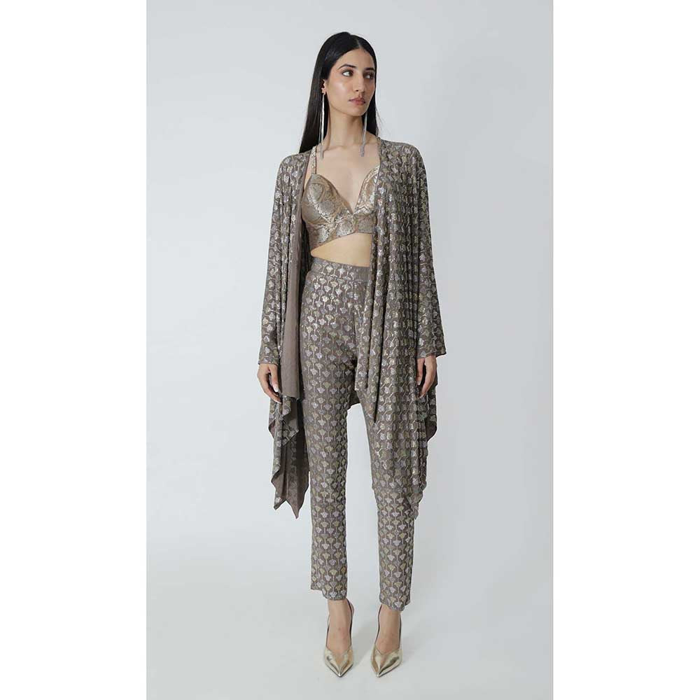 CHHAYA MEHROTRA Brown Thebe Cape with Bralette and Pant (Set of 3)