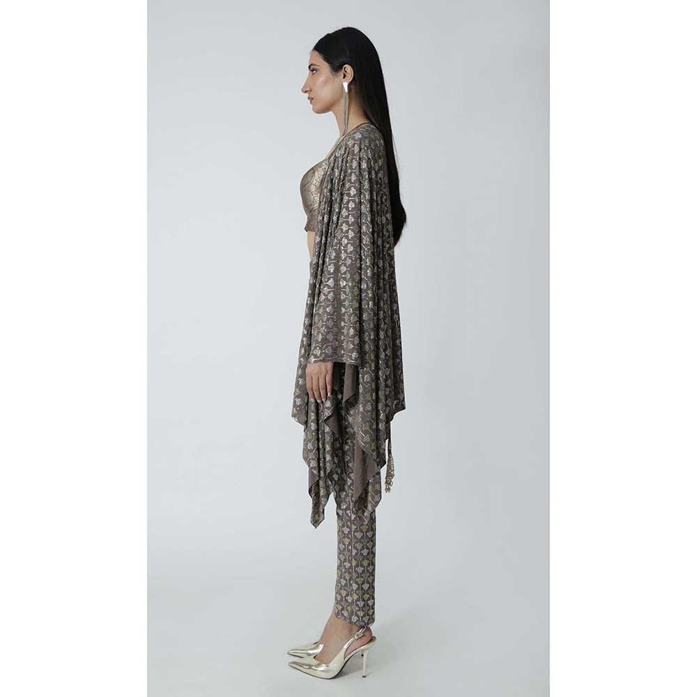 CHHAYA MEHROTRA Brown Thebe Cape with Bralette and Pant (Set of 3)