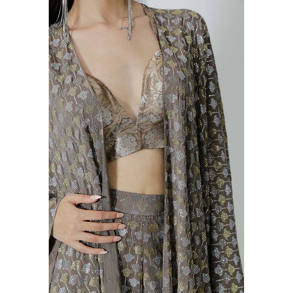 CHHAYA MEHROTRA Brown Thebe Cape with Bralette and Pant (Set of 3)