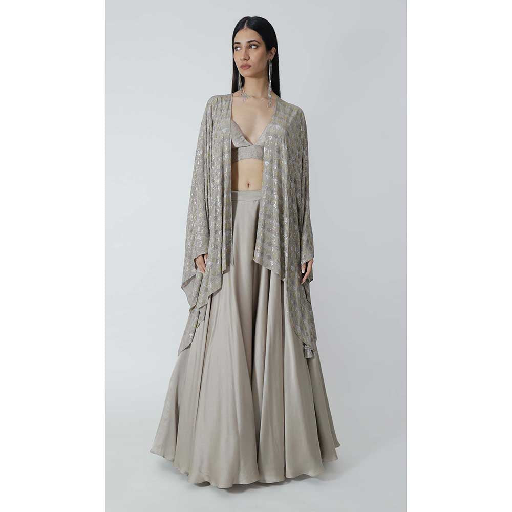 CHHAYA MEHROTRA Grey Neoma Lehenga with Bralette and Cape (Set of 3)