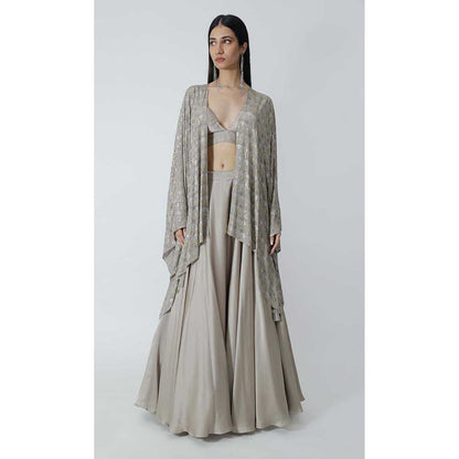 CHHAYA MEHROTRA Grey Neoma Lehenga with Bralette and Cape (Set of 3)