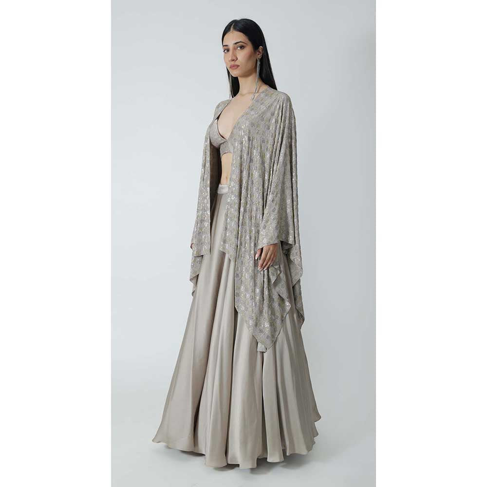 CHHAYA MEHROTRA Grey Neoma Lehenga with Bralette and Cape (Set of 3)