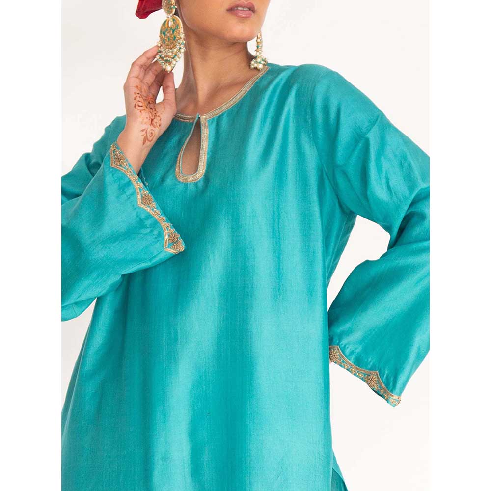 CHHAYA MEHROTRA Turquoise Lekha Kurti with Pant (Set of 2)