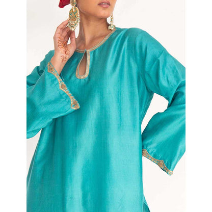 CHHAYA MEHROTRA Turquoise Lekha Kurti with Pant (Set of 2)