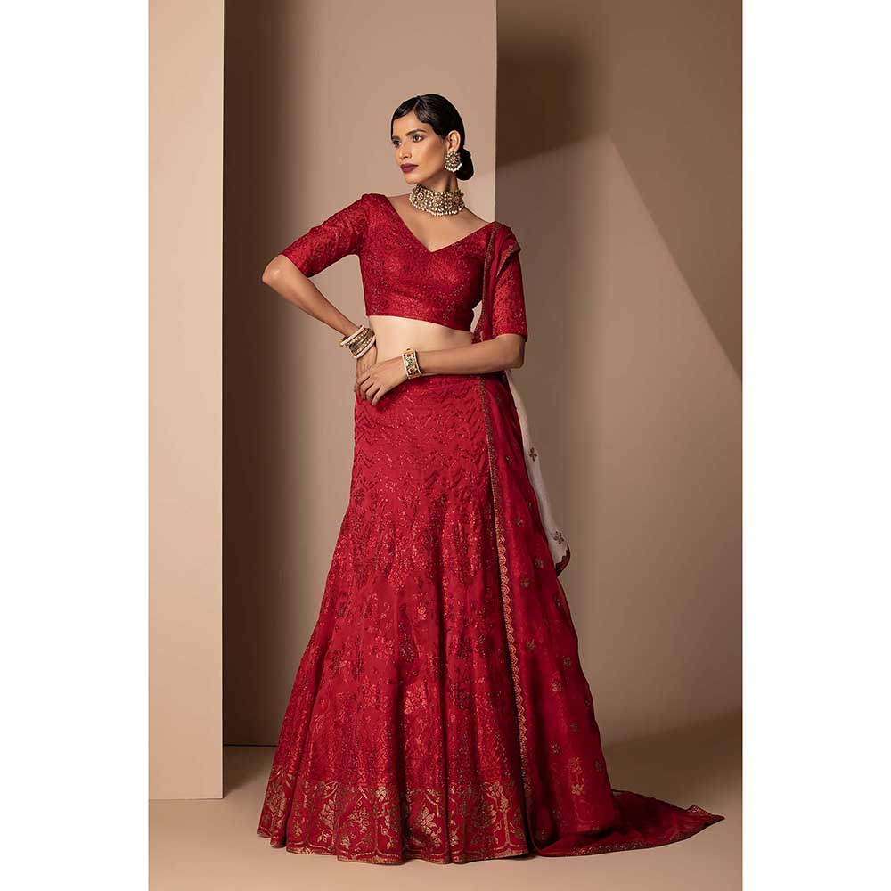 CHHAYA MEHROTRA Red Sukh Lehenga with Blouse and Dupatta (Set of 3)