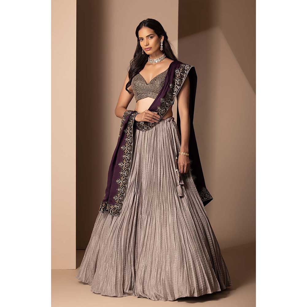 CHHAYA MEHROTRA Grey Surmayi Lehenga with Blouse and Dupatta (Set of 3)