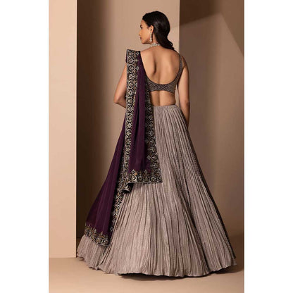 CHHAYA MEHROTRA Grey Surmayi Lehenga with Blouse and Dupatta (Set of 3)