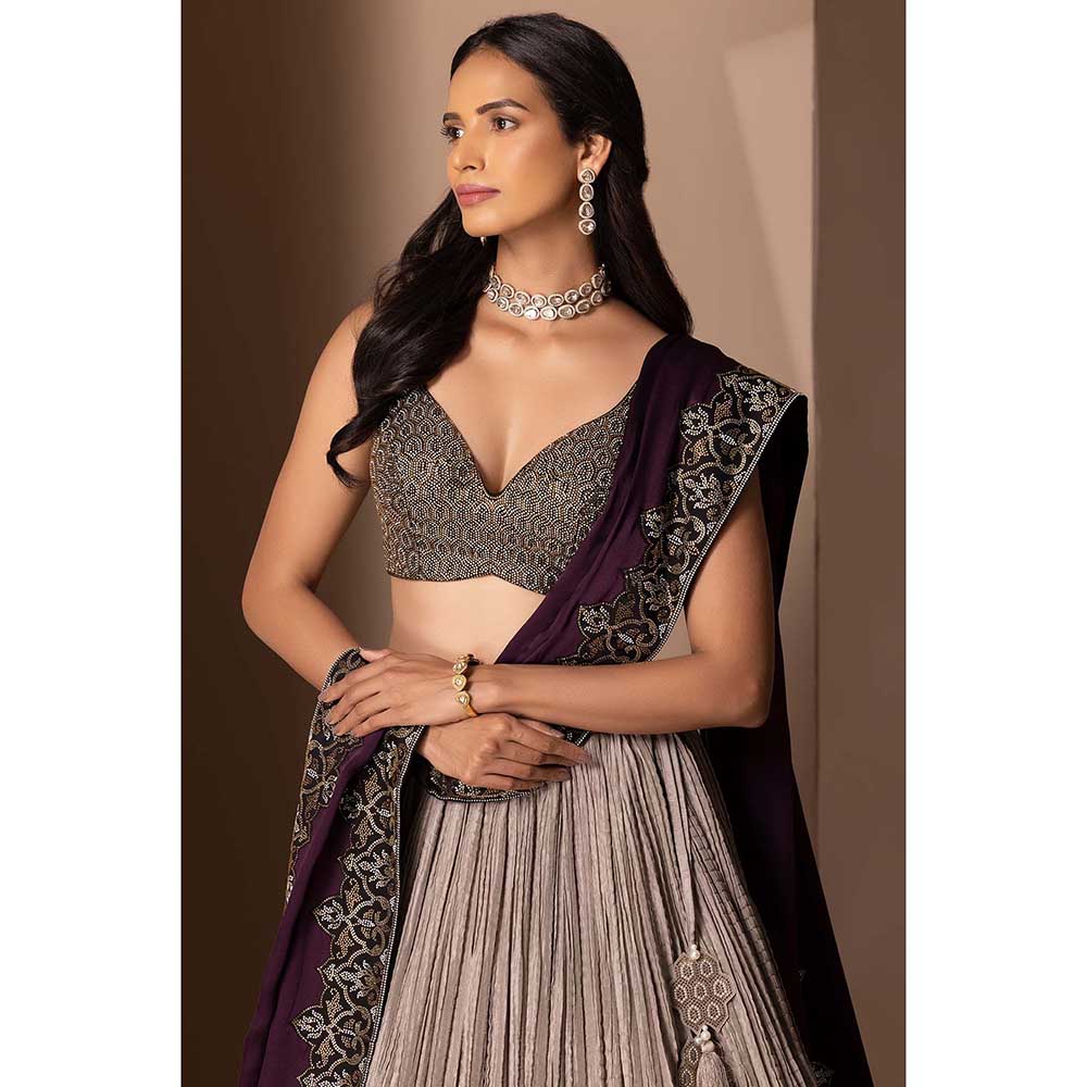 CHHAYA MEHROTRA Grey Surmayi Lehenga with Blouse and Dupatta (Set of 3)