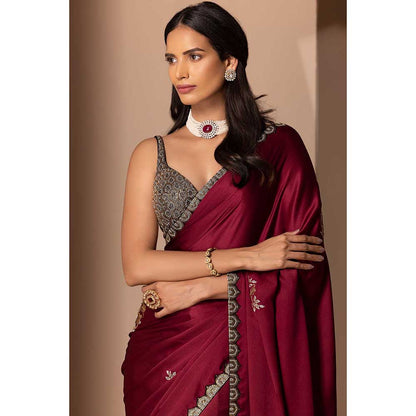 CHHAYA MEHROTRA Maroon Adnaita Saree with Stitched Blouse