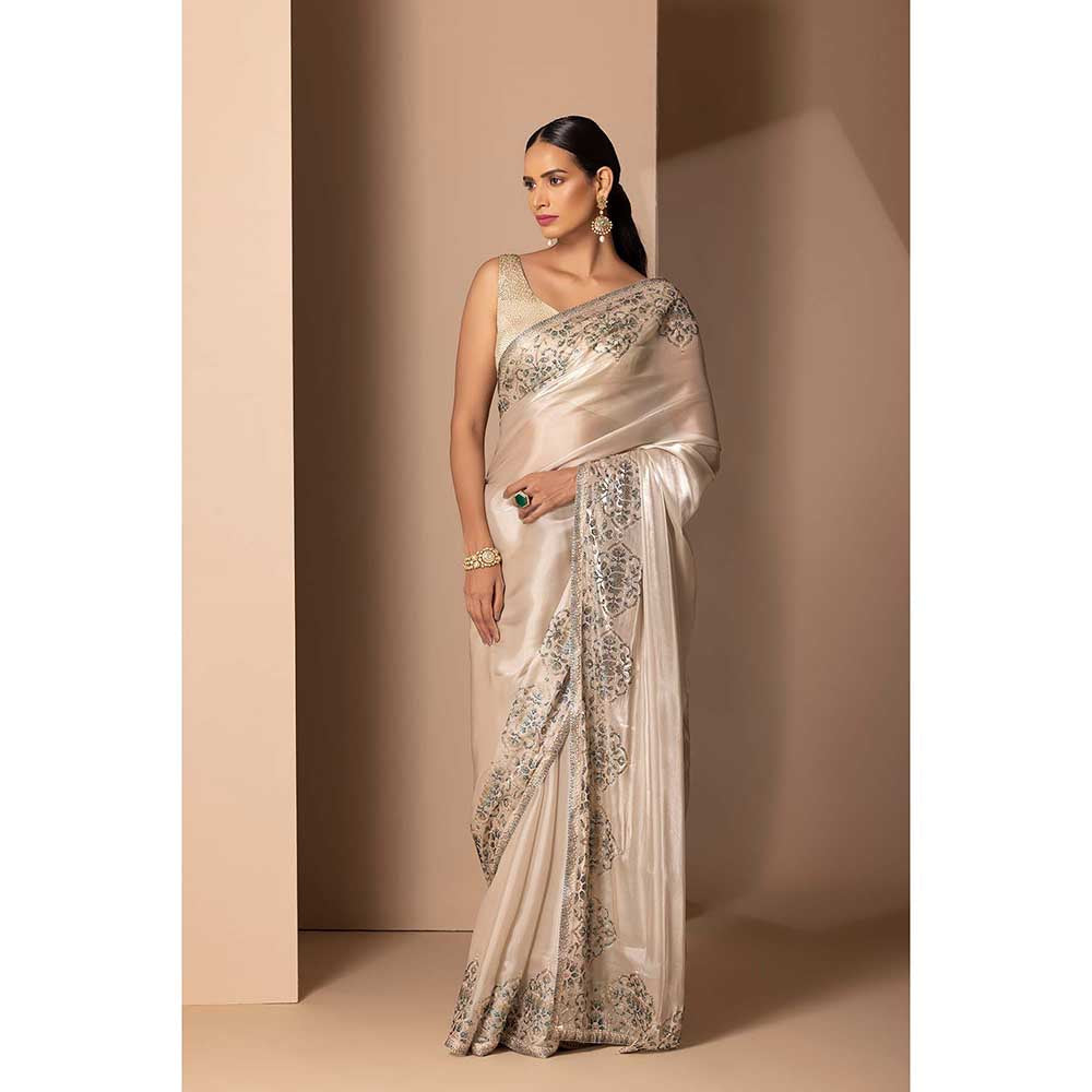 CHHAYA MEHROTRA Beige Tara Saree with Stitched Blouse