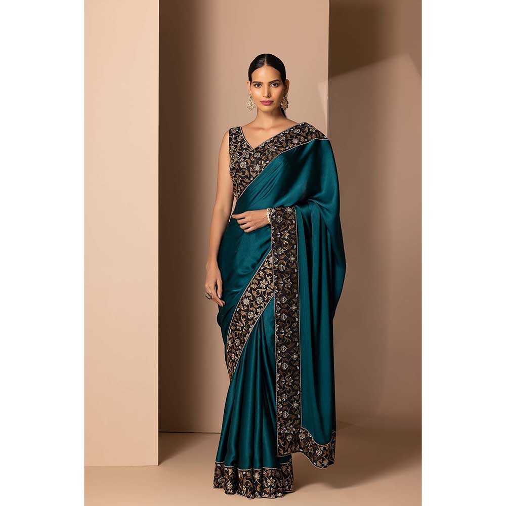 CHHAYA MEHROTRA Teal Adhira Saree with Stitched Blouse