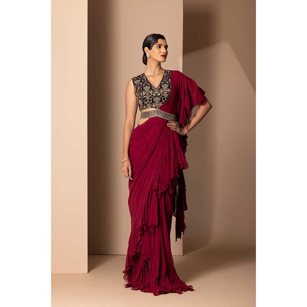 CHHAYA MEHROTRA Maroon Miraya Pre-Draped Saree with Stitched Blouse